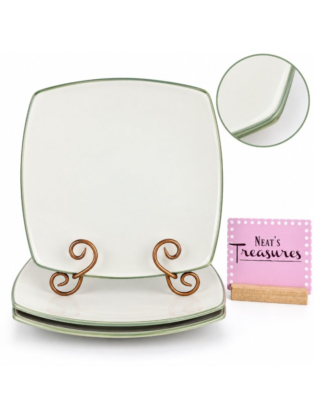Gibson SOHO LOUNGE Celadon Green Cream In Square Stoneware Dinner Plates Set 3